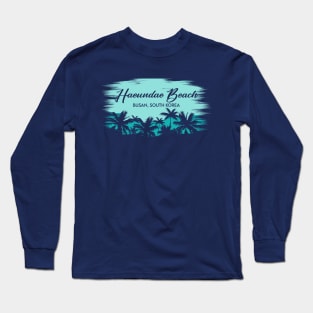 Haeundae Beach Busan, South Korea Vintage Beach Landscape with Palm Trees Long Sleeve T-Shirt